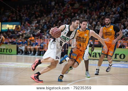 VALENCIA, SPAIN - DECEMBER 30: Vidal with ball during Spanish League match between Valencia Basket Club and Juventut at Fonteta Stadium on December 30, 2014 in Valencia, Spain