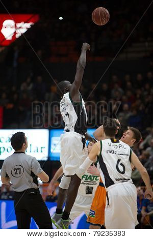 VALENCIA, SPAIN - DECEMBER 30: Savane jumps during Spanish League match between Valencia Basket Club and Juventut at Fonteta Stadium on December 30, 2014 in Valencia, Spain