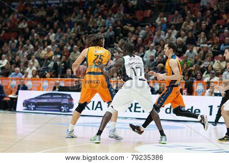VALENCIA, SPAIN - DECEMBER 30: Loncar with ball during Spanish League match between Valencia Basket Club and Juventut at Fonteta Stadium on December 30, 2014 in Valencia, Spain