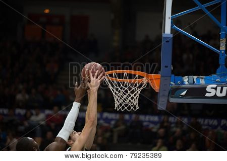 VALENCIA, SPAIN - DECEMBER 30: Various players during Spanish League match between Valencia Basket Club and Juventut at Fonteta Stadium on December 30, 2014 in Valencia, Spain