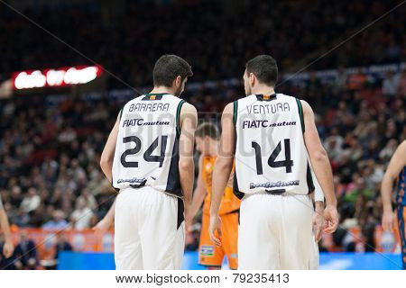 VALENCIA, SPAIN - DECEMBER 30: Barrera and Ventura talk during Spanish League match between Valencia Basket Club and Juventut at Fonteta Stadium on December 30, 2014 in Valencia, Spain