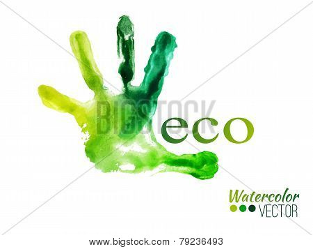 Vector watercolor green handprint. Ecology concept