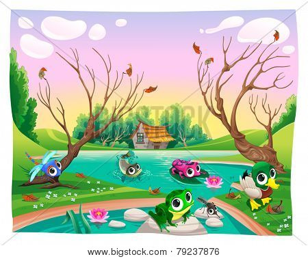 Funny animals in the pond. Cartoon vector illustrations.