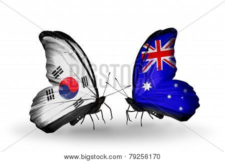 Two Butterflies With Flags On Wings As Symbol Of Relations South Korea And Australia