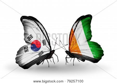 Two Butterflies With Flags On Wings As Symbol Of Relations South Korea And Cote Divoire