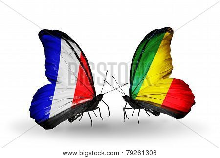 Two Butterflies With Flags On Wings As Symbol Of Relations France And Kongo