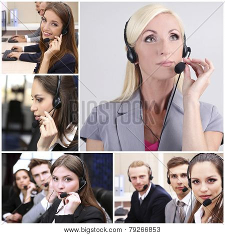 Call-center collage. People answering the phones