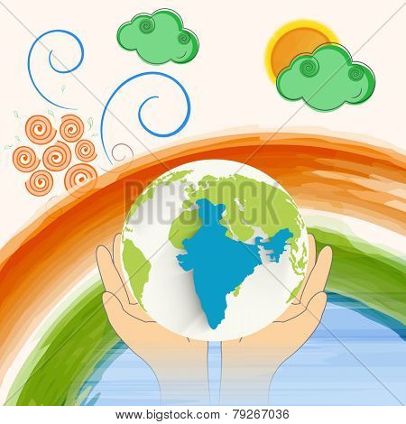 Human hand protecting globe with republic of India map and national flag colors paint stroke on decorative background.