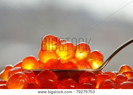 Red Caviar In Silver Spoon Close Up Macro