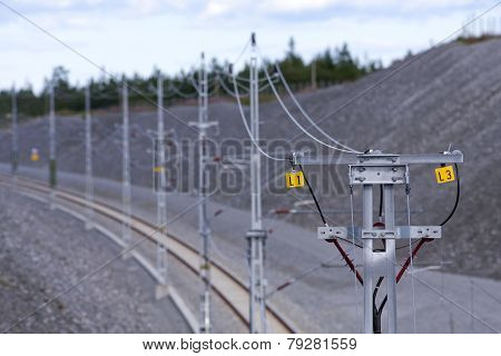 Close-up on a overhead line for a railroad.