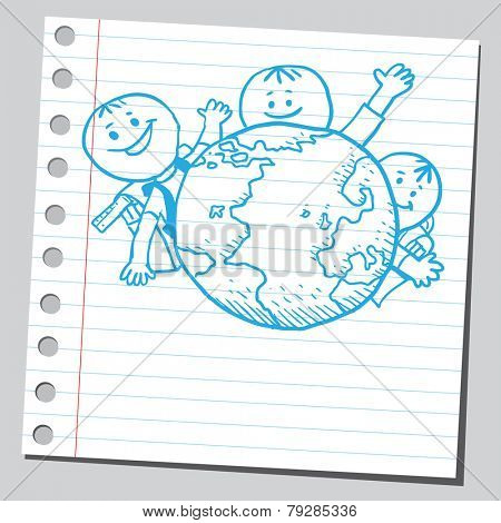 Schoolkids behind planet Earth