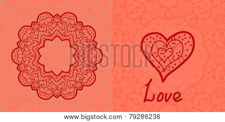 Love card. Valentine flayer template. Wedding invitation. Mandala like stylized flower and heart sha