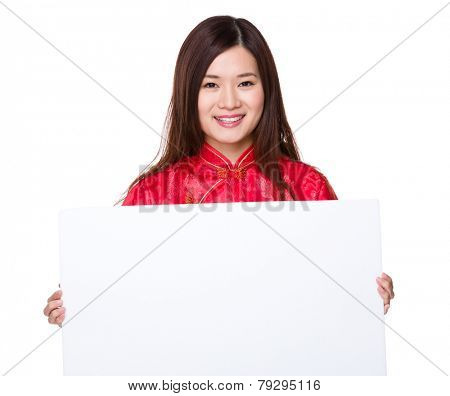 Chinese woman hold with white palcard