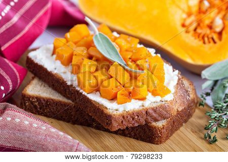 Openfaced sandwich with ricotta and squash