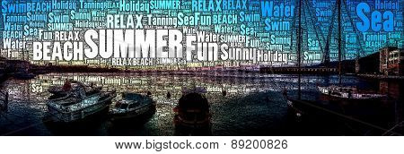 Sunet in the Harbor Illustration made of tematic Words.