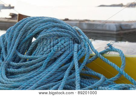 Blue Nylon Rope In The Harbor