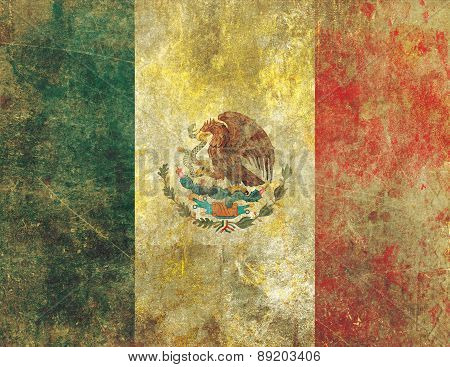 Damaged And Faded Old Grunge Style Mexican Flag