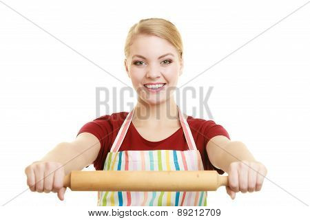 Housewife Or Baker Chef Holds Baking Rolling Pin