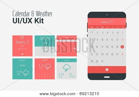 Flat UI or UX mobile calendar and weather apps kit