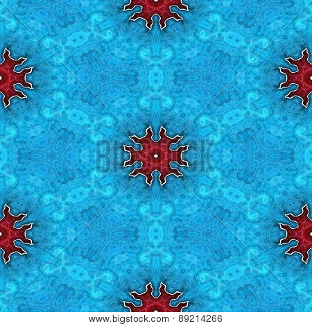 Abstract Seamless Frozen Blue Glass Texture Or Background With Red Snowflakes For Christmas Decor