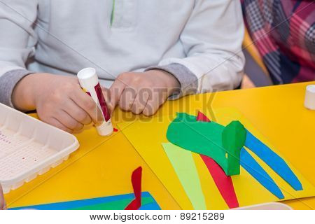 Child Hands Glue Colored Paper On Application Master Class