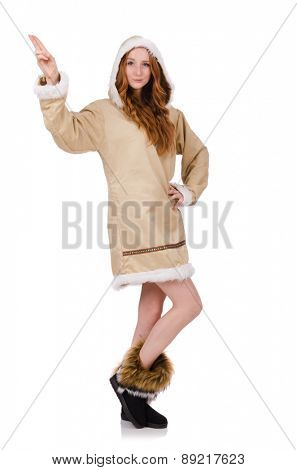 Eskimo girl wearing clothes of all fur isolated on white