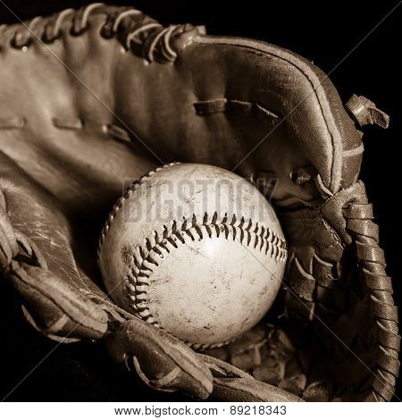 Baseball Glove And Ball In Sepia