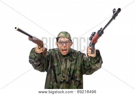 Military man with a gun isolated on white