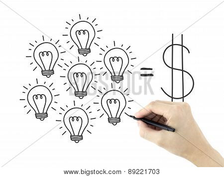 bulb's gethering into money drawn by man's hand