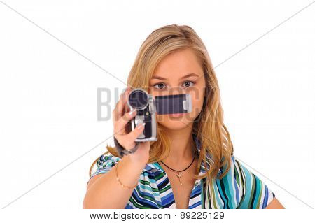 Studio shot of young blone woman with digital camcorder