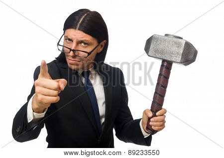 Handsome businessman holding hammer isolated on white