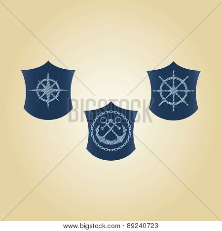 Vector set of maritime symbols. Anchor, steering wheel, steering control, mariner's compass