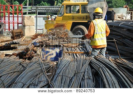 Construction workers working at Steel bar bending yard