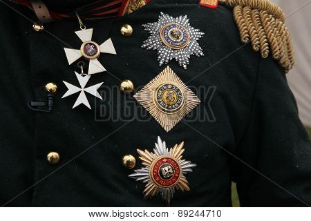 TVAROZNA, CZECH REPUBLIC - DECEMBER 3, 2011: Russian imperial military decorations seen fixed on uniform during the re-enactment of the Battle of Austerlitz (1805) near Tvarozna, Czech Republic.