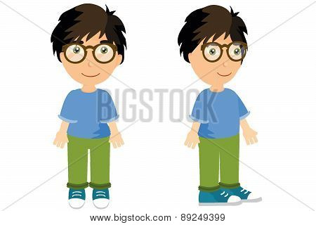 Dark hair boy front and side with glasses