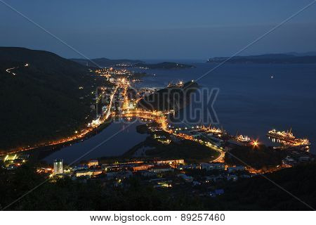 Night View Of Petropavlovsk-Kamchatsky City, Avacha Bay And Pacific Ocean. Russia
