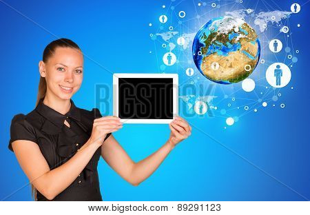 Young woman holging tablet