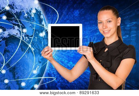 Young woman holging tablet with black screen