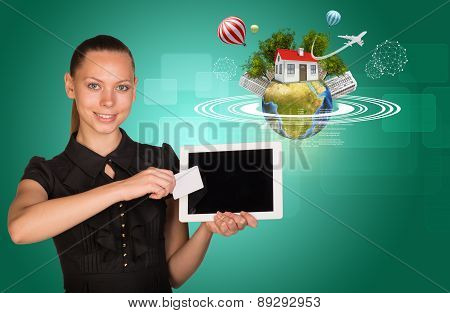 Businesslady holging blank card and tablet