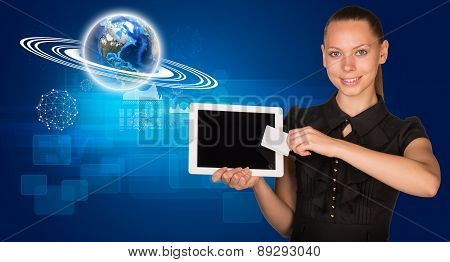 Businesswoman balck dress with Earth model
