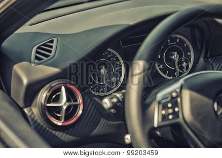 Sleza, Poland, August 15, 2015: Close Upmercedes Amg Steering Wheel And Cockpit On Motorclassic Show