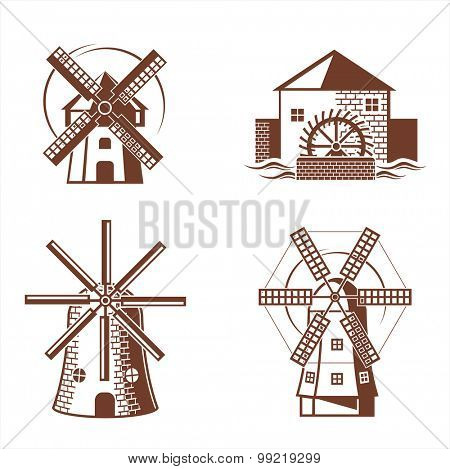 Ancient mill symbols. Vector set.