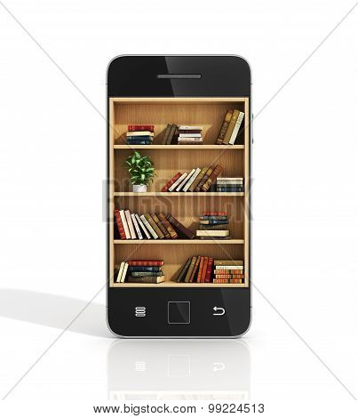 E-book Concept. Bookshelf With Book In The Phone Display.