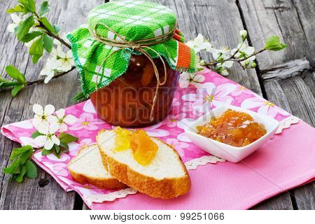 Peach Or Nectarine Jam On Wooden Background