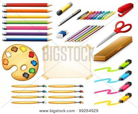 Stationary set with color pencils and art objects illustration