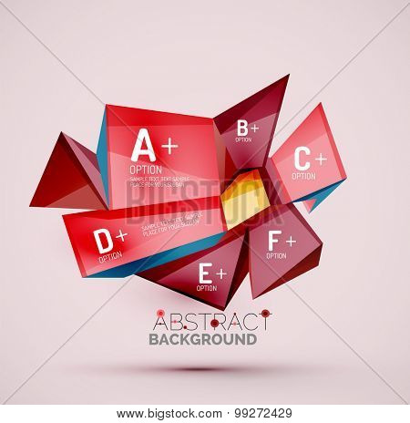 3d geometric shapes with sample text. Abstract template with place for text or infographic options. Triangles, squares, cubes, rectangles in glossy style. Vector illustration.