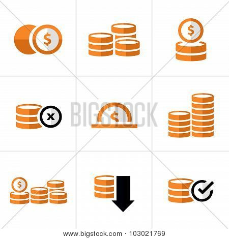 Flat Icon  Coins Icons Set, Vector Design Black Color