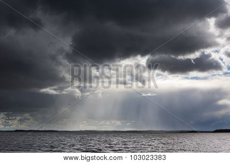 Stormy Lake Landscape With Yachts On Water.