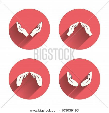 Hands icons. Insurance and meditation symbols.
