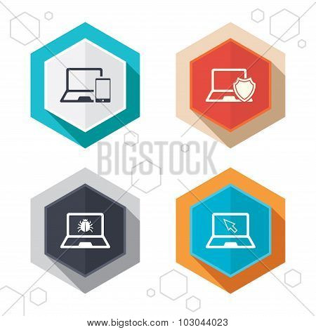 Notebook laptop pc icons. Virus or software bug.